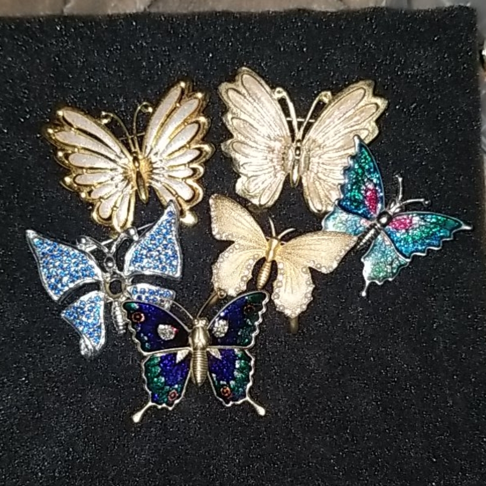 Vintage Butterfly Handpainted & Crystal Brooches. Lot of 6